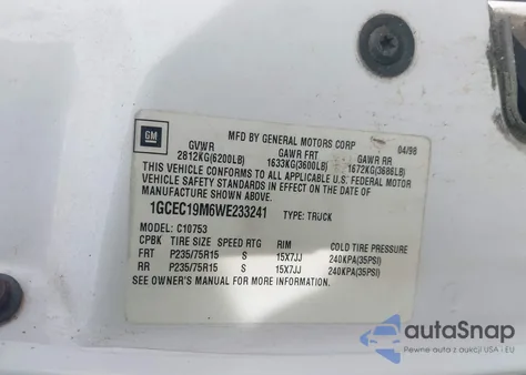 1998 Chevrolet C1500 Fleetside Cmi from USA, damaged, VIN 1GCEC19M6WE233241